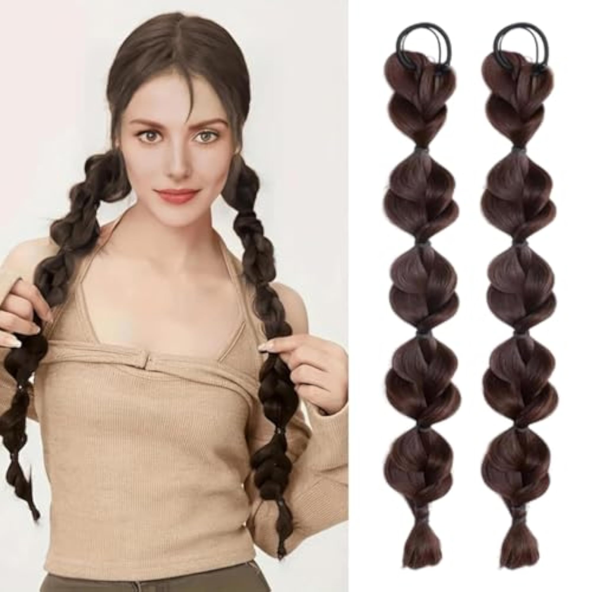 2pcs Brown Bubble Ponytail Wig Synthetic Braided Extensions