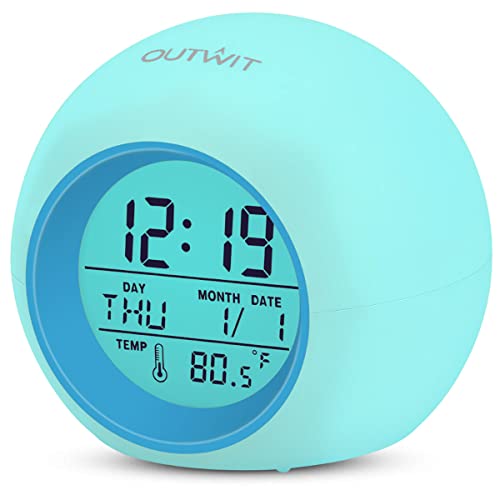Outwit Kids Alarm Clock, Student Digital Clock for Boys Girls, 7 Colors Changing Light Bedside Clock for Children's Bedroom, Indoor Temperature Touch Control Snoozing, Best Gifts for Kids