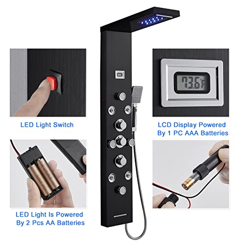 POPFLY LED Shower Panel Tower System, 4 Body Massage Jets and 4 Mist Spray, 304 Stainless Steel Wall Mount Rainfall Waterfall Shower Column Towers with Tub Spout, Black