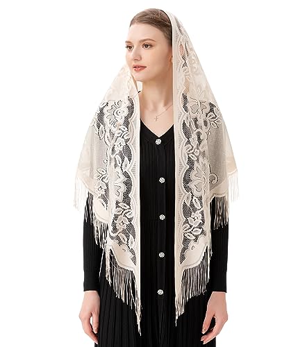PAMOR Dreieck Katholische Kirche Schleier Kapelle Schal Mantilla Wrap Masse Kopfbedeckung mit Fransen Trim, Elfenbein, Large