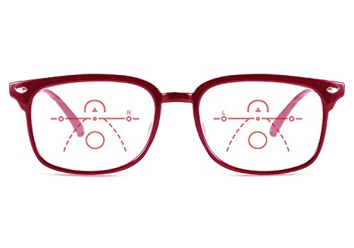 Feisedy Progressive Multifocal Reading Glasses Blue Light Blocking Reader Glasses Frame B2497 (Red & Clear, 3.5) #TOP1