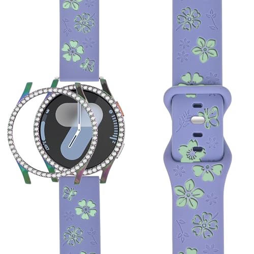 2-in-1Floral Engraved Band Rhinestone Bezel Case for Samsung Galaxy Watch 7