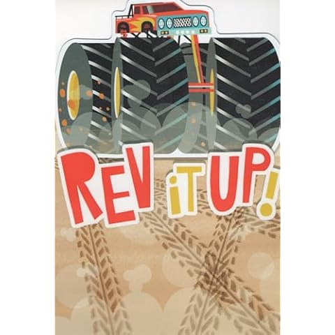 Lunch Money Big Monster Truck Driving over Sandy Hill Cool Fun Happy Birthday Greeting Card - Rev It Up! - Have An Engine-Roaring, Never Boring, Lightning-Fast Birthday Blast! Cover
