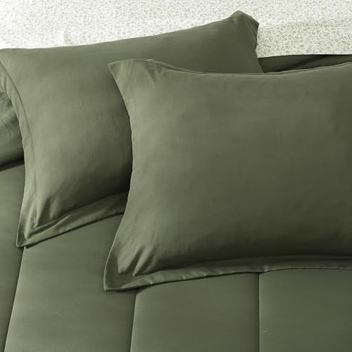 Image of Monbix Queen Comforter Set - 7 Pieces Olive Green Bed in a Bag Queen Track Stitching Bedding Sets, All Seasons Comforter Bed Set with Sheets,Pillowcases & Shams