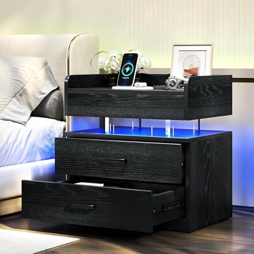 TC-HOMENY-Floating-Nightstand-with-2-Drawers-LED-Nightstand-with-Voice-Activated-Mode-Side-Table-End-Table-with-Charging-Station-Black