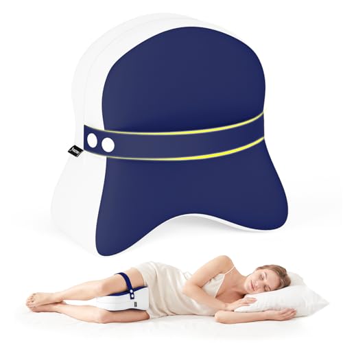 Ruizman Knee Pillow for Side Sleepers - Removable Adjustable Strap Between Leg Pillow for Side Sleeping - Cooling Cover Memory Foam Knee Pillow for Hip Pain, Spine Alignment, Navy Blue