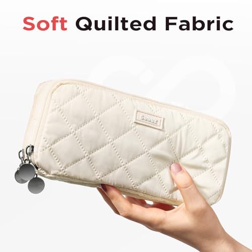 Sooez Large Pencil Case Pouch, Extra Big Pencil Bag with 8 Compartments, Pen Bag Wide Opening, Soft Quilted Pencil Pouch Organizer with Zipper, Portable Pencil Case for Teen Girls, Beige - Image 2