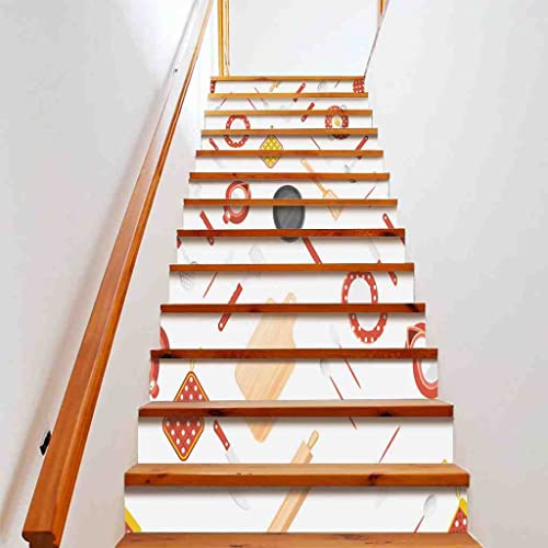 Johizuta Stair Stickers Set Of 13 Teapot Bowl Fork Pan Knife Spoon Kitchen Utensil Cartoon Pattern Decorative Staircase Sticker Decals Removable Murals For Stairs Risers Stairway Wall Decor,39.4"X7.1" #TOP15