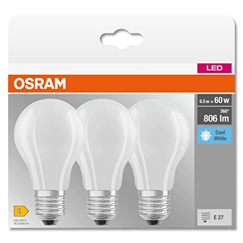 Osram LED-Lampe, Sockel: E27, Kalt weiß, 4000 K, 6,50 W, Ersatz für 60-W-Glühbirne, matt, LED BASE CLASSIC A, 3er-Pack – Ansicht 5