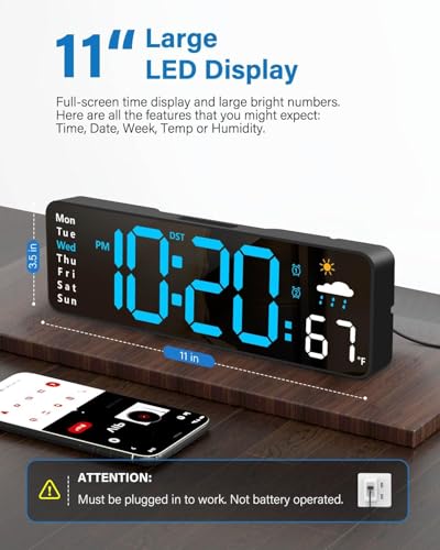 Image of Digital Wall Clock Large Display with Remote Control Corded LED Alarm with Date Week Temp Humidity Auto Countdown for Living Room Bedroom Classroom Office (Orange) (6665 Blue)