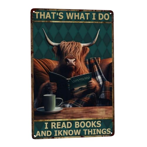 Letrero de lata de vaca vintage, divertido diseño de ganado de las tierras altas para los amantes de los libros, estilo retro bohemio hippie, ideal para el hogar, cafetería, baño, gran regalo para
