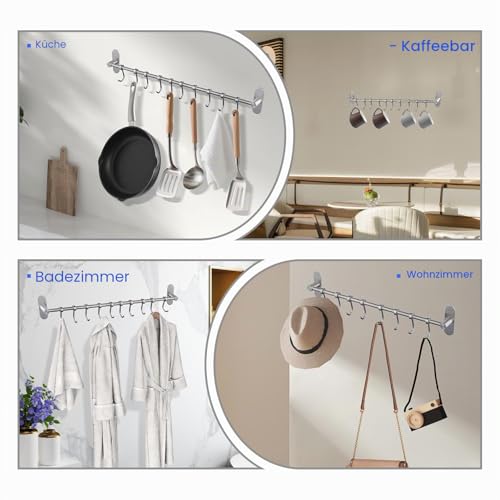 Kelelife Geschirr hängende Rack mit 10 abnehmbaren Haken keine Bohrung, Edelstahl Küche Schiene Pfanne Hanger Wandmontage Organizer für Werkzeuge, Handtücher, Töpfe, Mäntel, Hüte gebürstetes Nickel