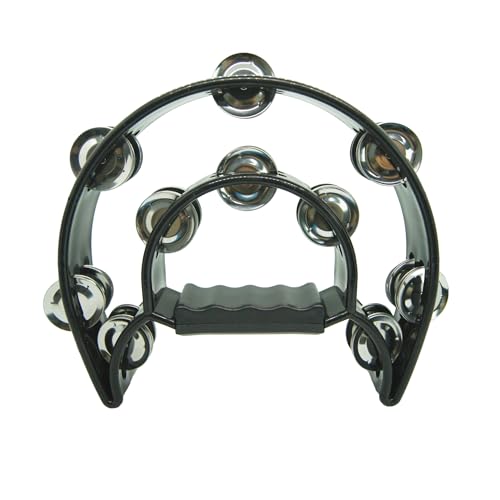 YAYUZEST Half Moon Musical Tambourine Double Row Metal Jingles Hand Held Percussion Tambourines Musical Instrumen with Ergonomic Handle Grip for Adults Church KTV Party (Black)