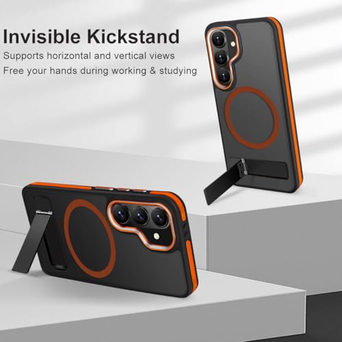Image of MALEWOLF Stand Case for Samsung Galaxy S26 Compatible with Magsafe, Translucent Magnetic Cover [Military Grade Protection] [Anti-Slip Technology], Color Hybrid Galaxy S26 Phone Case (Black /Orange)