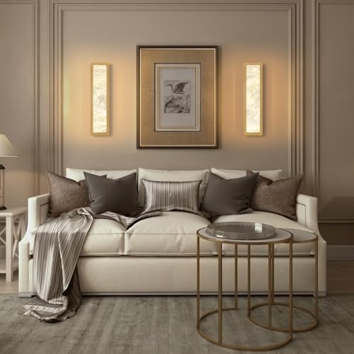 Image of Alabaster Wall Sconces 20 inch Gold Bathroom Vanity Light Indoor Natural Marble Brass Alabaster Wall Lights for Living Room Modern Alabaster Wall Lighting for Dining Room Bedroom Stairs