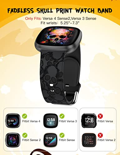 Crodi Compatible With Fitbit Versa 4/Versa 3/Sense 2/Sense Band Women Men, Engraved Fadeless Skull Pattern Print Silicone Sports Strap Solo Loop Soft Holiday Wristband Bracelet For Fitbit Versa 3 Bands, Black #TOP1