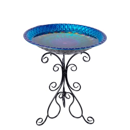 VEWOGARDEN Large Metal Standing Bird Bath for Outside with Folding Bracket for Outdoors Garden Yard Patio Decoration, Blue