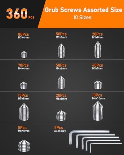 HOLMOL 360 Stück Kegelspitz Madenschrauben Set Edelstahl, Innensechskant Gewindestifte mit 5 Stück Schraubenschlüssel, M3/M4/M5/M6/M8 Madenschrauben Türklinke für Reparaturen
