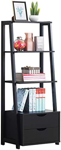 Tangkula Ladder Shelf Bookcase, Free Standing 4-Tier Bookshelf with 2 Storage Drawers, Modern Storage Display Shelving with Drawers, Ideal for Bathroom Home Office (Black)