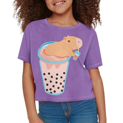 Image of Girls Crop Tees Crew Neck Casual Short Sleeve T Shirts Kids Loose Soft Comfortable Tees Blouses Shirt for Little Girl