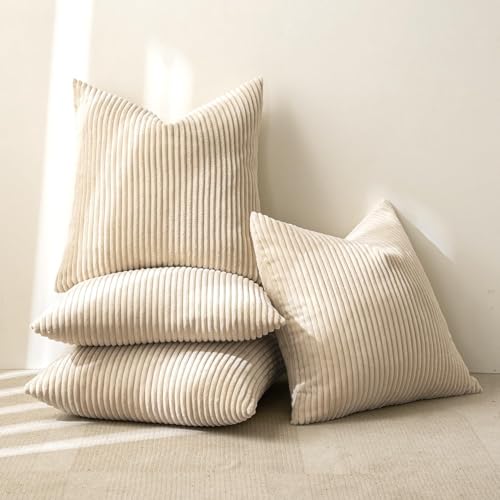 Image of MIULEE Boho Farmhouse Throw Pillow Covers 20x20 Inch Set of 4 Mordern Nordic Cushion Covers Soft Corduroy Spring Home Decor for Couch Bed Sofa Living Room Beige