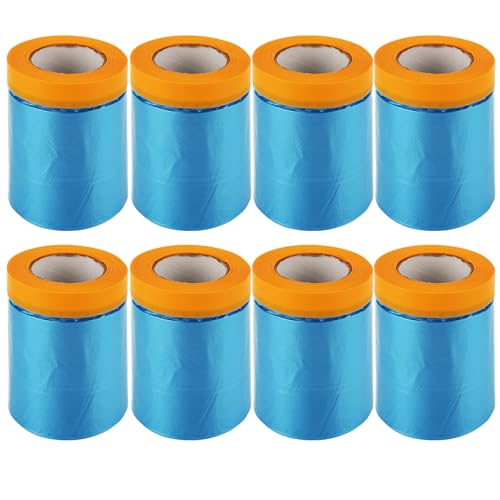 Image of 8 Rolls 22 inch x 66' Painters Plastic Sheeting, Pre-Taped Masking Film, Tape and Drape Drop Cloth for Painting, Automotive Covering and Appliance Protection