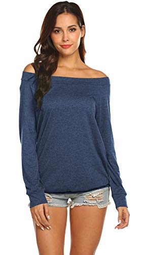 Halife Off Shoulder Blouse, Long Sleeve T Shirt Women Cotton Blend (M, Dark Blue)