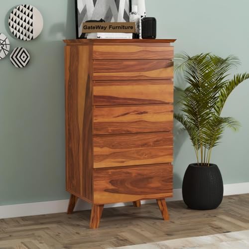 Image of GateWay Furniture Sheesham Wooden Chest of Drawers Wooden Dresser for Bedroom with 6 Drawers | Solid Wooden Storage Cabinet for Living Room | Chest Drawer Cabinet | Clothes Organizer (Santiago Honey1)