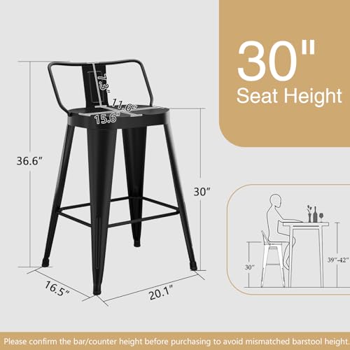 Set de 4 Bancos de Bar de Metal de 30 Pulgadas, Estilo Industrial Moderno con Respaldo Bajo, para Cocina y Pubs (Negro) miniatura 3