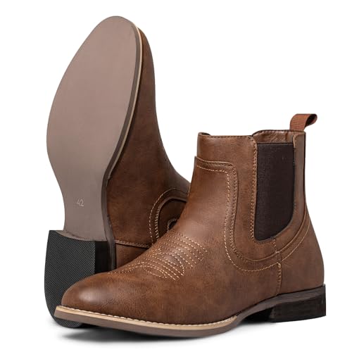Image of J's.o.l.e Chelsea Cowboy Boots for Men Round Toe Western Slip on Boot Dress Casual Work Ankle Boots Brown