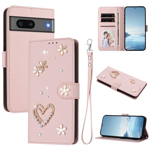 Jiajihua Case Compatible with Google Pixel 7 Lanyard【Card Holder Wallet Flip Cover Magnetic Buckle Kickstand】 Pink