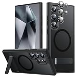 LEKEVO Stand for Samsung Galaxy S24 Ultra Case, Compatible with MagSafe, Built-in Kickstand, Camera Lens Protector, Translucent Matte Slim Silicone Shockproof Hard Back Phone Cover, Black