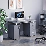 Vida Designs Otley Computer Desk with Shelves and 3 Drawers, Home Office PC/Laptop Gaming Table, Study Workstation with Keyboard Tray, Furniture, Grey