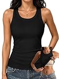 Danysu High Neck Ribbed Cotton Tank Tops for Women with Built in Bra Non See Through Thick Strap Cami Tops Black Medium