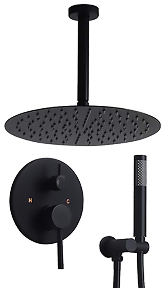 HomaryContemporary Matte Black Round Rainfall Shower with Hand Shower Wall Mount Shower Combo Set with Rough-in Pressure Balanced Valve and Trims, cUPC Certified 12 Inch Matte Black Shower System