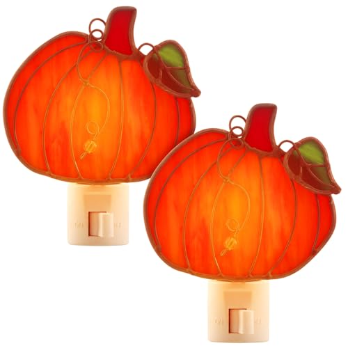 Baquler 2 Pcs Stained Glass Pumpkin Night Light Plug into Wall, Bright Orange Pumpkin Fall Seasonal Light Decor for Home Bedroom Bathroom Kitchen Hallway Thanksgiving Halloween Decoration
