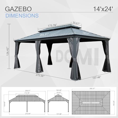 Domi 14' X 24' Hardtop Gazebo, Upgraded Metal Gazebo with Drainage System, Dual-Layer Galvanized Steel Roof, Curtain and Netting, Outdoor Shelter Canopy for Patio, Garden, and Backyard, Grey - Image 8
