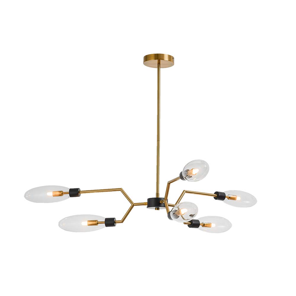 Sputnik Chandelier Nordic Modern Brushed Brass Ceiling Light Gold Retro Industrial Pendant Lighting for Dining Room Kitchen Bedroom Transparent 6 Lights