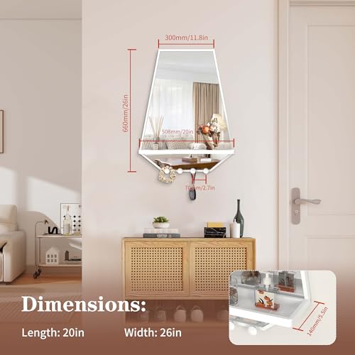 Image of BEAUTME 26x20 inch Bathroom Mirror with Shelf, Irregular Hexagonal Metal Wall Mirrors with Hooks, Bathroom Vanity Mirror Farmhouse, Wall Mounted Mirror Decor for Living Room Bedroom Entryway (White)