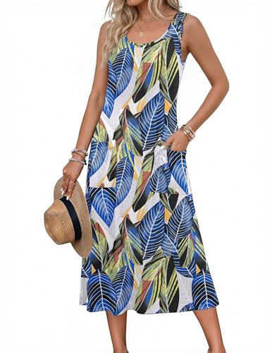 Image of Zeagoo Womens Summer Midi Dresses 2026 Casual Sleeveless Tank Sundresses A Line Crewneck Beach Vacation Dress with Pockets