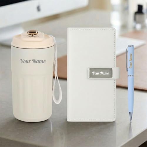 Image of Giftana Personalized Diary with Pen, Coffee Tumbler with Name, 3 in 1 Diary, Pen, Tumbler, Personalized Gifts for Husband Birthday, New Year Corporate Gifts for Employee (White 1)