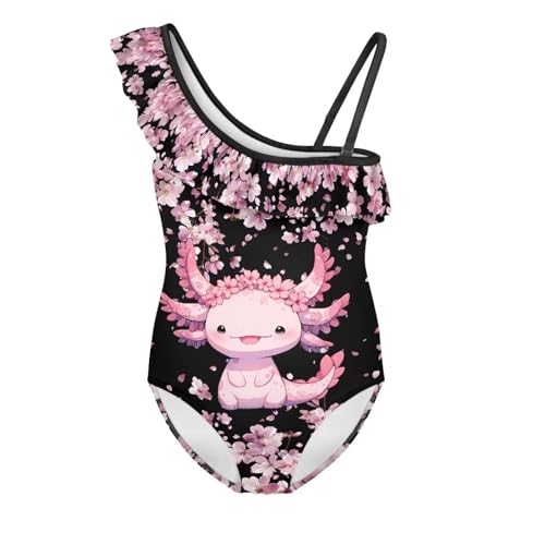 Cherry Blossoms Axolotl Girls Bathing Suits Size 5-6 Girls' One Piece Swimwear Summer Sports Bathing Suit Beach Back Cross Shoulder Strap Quick Dry Swim Suit Athletic Practice Swim Wear