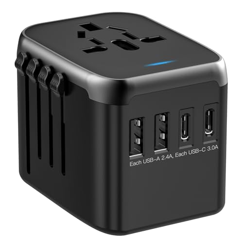 JMFONE Universal Travel Adapter with GaN 100W,International Power Plug Adapter 5 Port [4*USB C+1*USB A] and Multi AC Sockets, All-in-one Travel Outlet Plugs for 200+ Countries 100W -Black+Wh