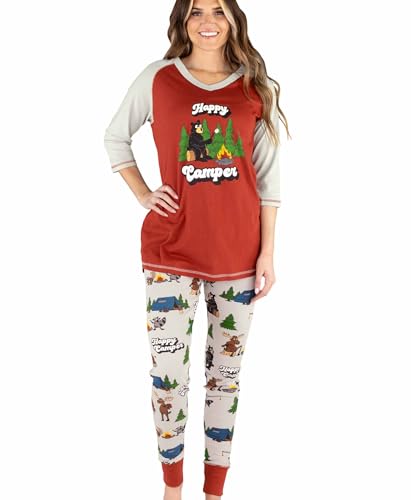 Lazyone - Conjunto de pijama casual suave para mujer y camiseta alta con bonitos estampados divertidos, lindos conjuntos de pijama para mujer, Conjunto de pijama Happy Camper, Large