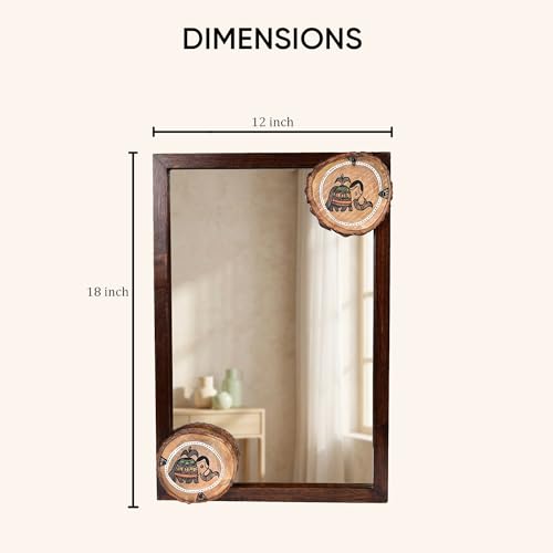 Image of AAKRITI ART CREATIONS Wooden Wall Mirror with Madhubani Painted Round Wooden Tiles