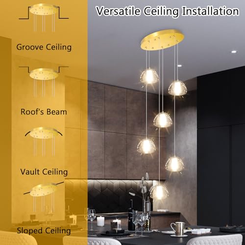 Image of Mini Crystal Chandeliers for Kitchen Island 6-Lights LED Pendant Light for Dining Room Bedroom Foyer Entryway Warm Light 3000K Bulb Included
