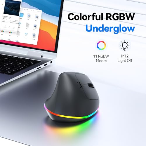 TECKNET RGB Rechargeable Wireless Ergonomic Mouse - USB+Bluetooth Multi-Device LED Vertical Mouse with 11 RGB Backlight Modes, 4800 DPI Adjustable, Ergo Mice for Windows and Mac, Black by TECKNET - Image 3