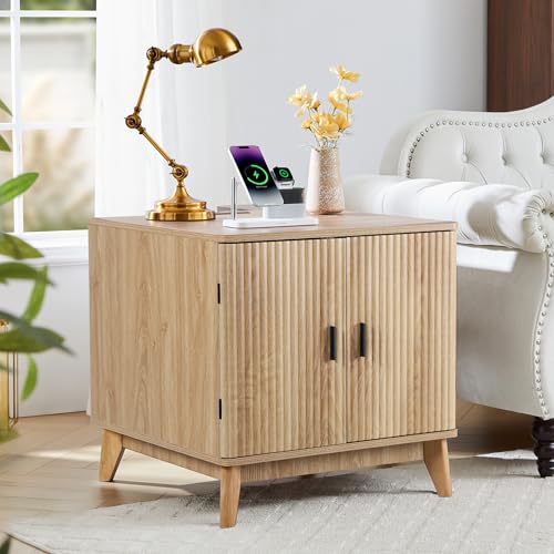 affeivul Fluted End Table Set of 2 with Charging Station, Mid Century Modern Nightstand with 2 Doors, Bed Side Table with Storage for Couch,Living Room, Sofa Side Table for Office,Dorm - Natural — view 2