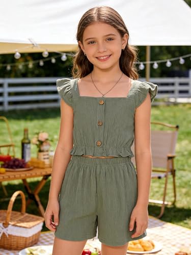 Image of Girl's Summer Clothing Sets Knit Ruffle Striped T-Shirt and Shorts 2 Piece Outfits