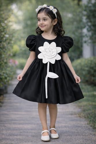 Image of Buy & Try Girls Satin Rose Flowered Frock Dress, Puff Sleeves, Knee Length Elegant Occasion Outfit